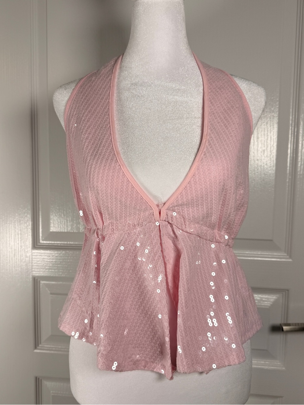 Sans Souci Pink Sequin Halter Peplum Camisole